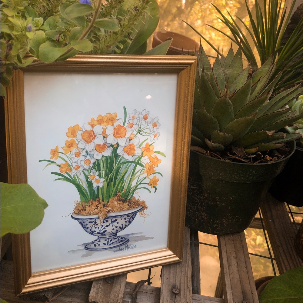 🌼Cute Golden Framed potted Daffodils Art piece🌼